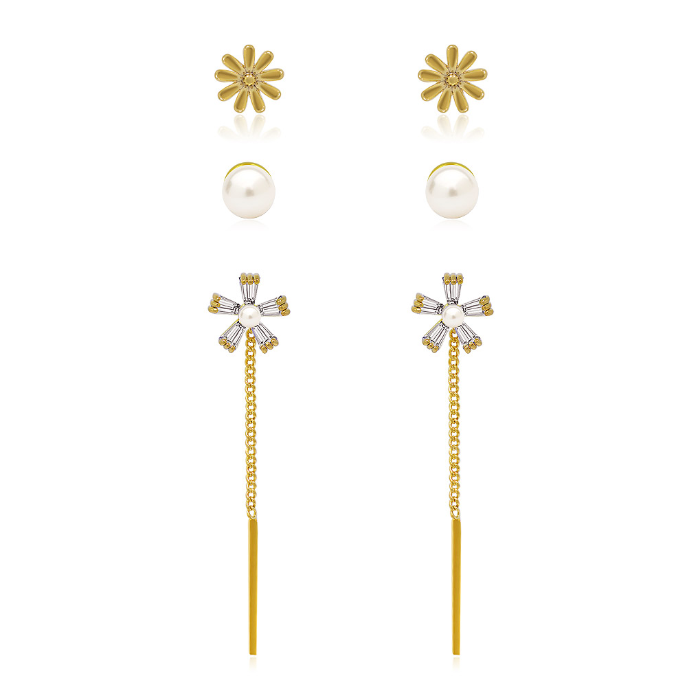 3 Pack Gold Tone Flower Stud Drop Earrings Set
